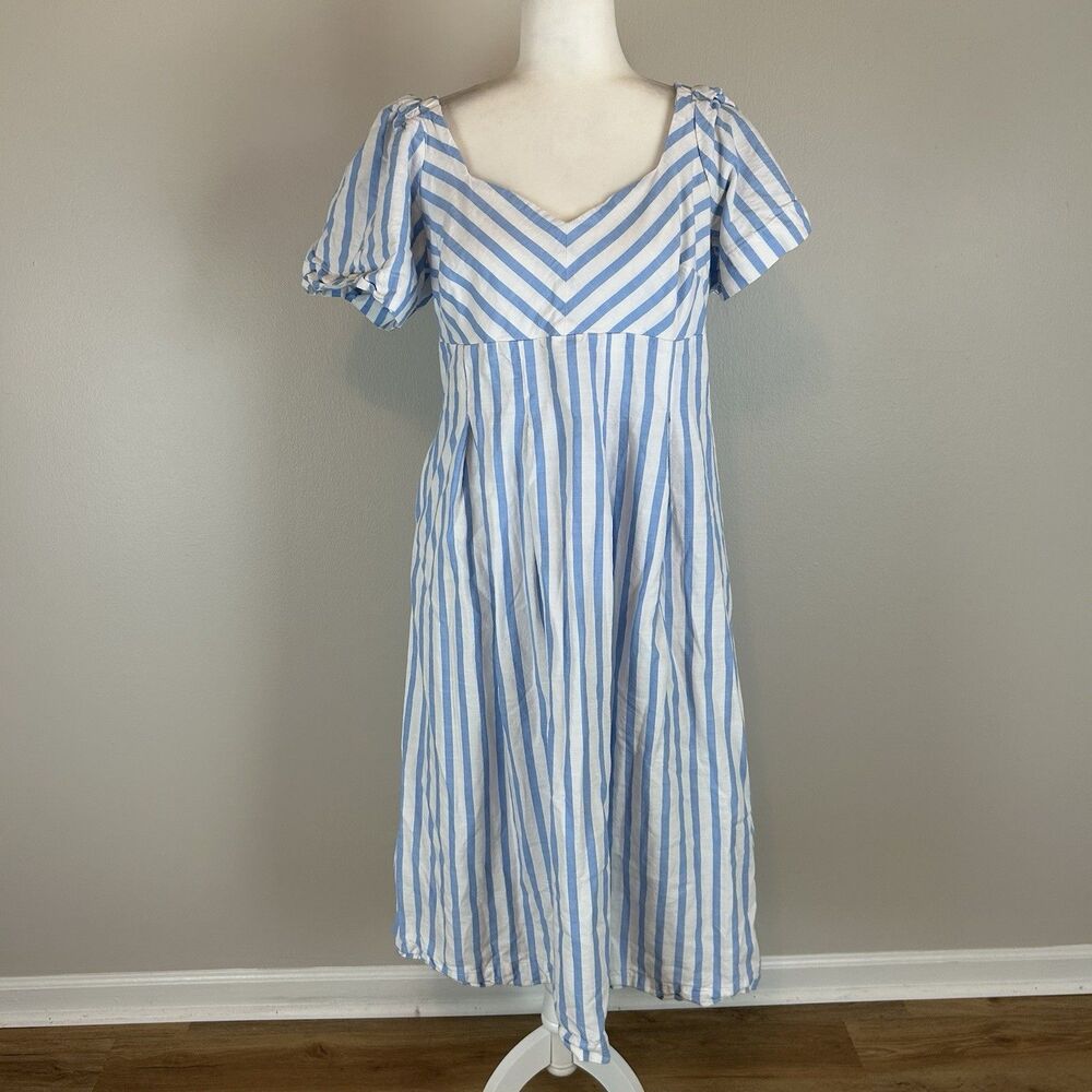 Cotton Midi Dress Blue White Stripe Coastal Preppy Subtle Luxury 12 L Milkmaid